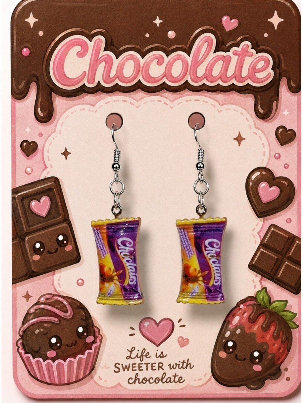 Fun Jewelry Mini Choclairs Chocolate Candy Bar Novelty Hypoallergenic Earrings